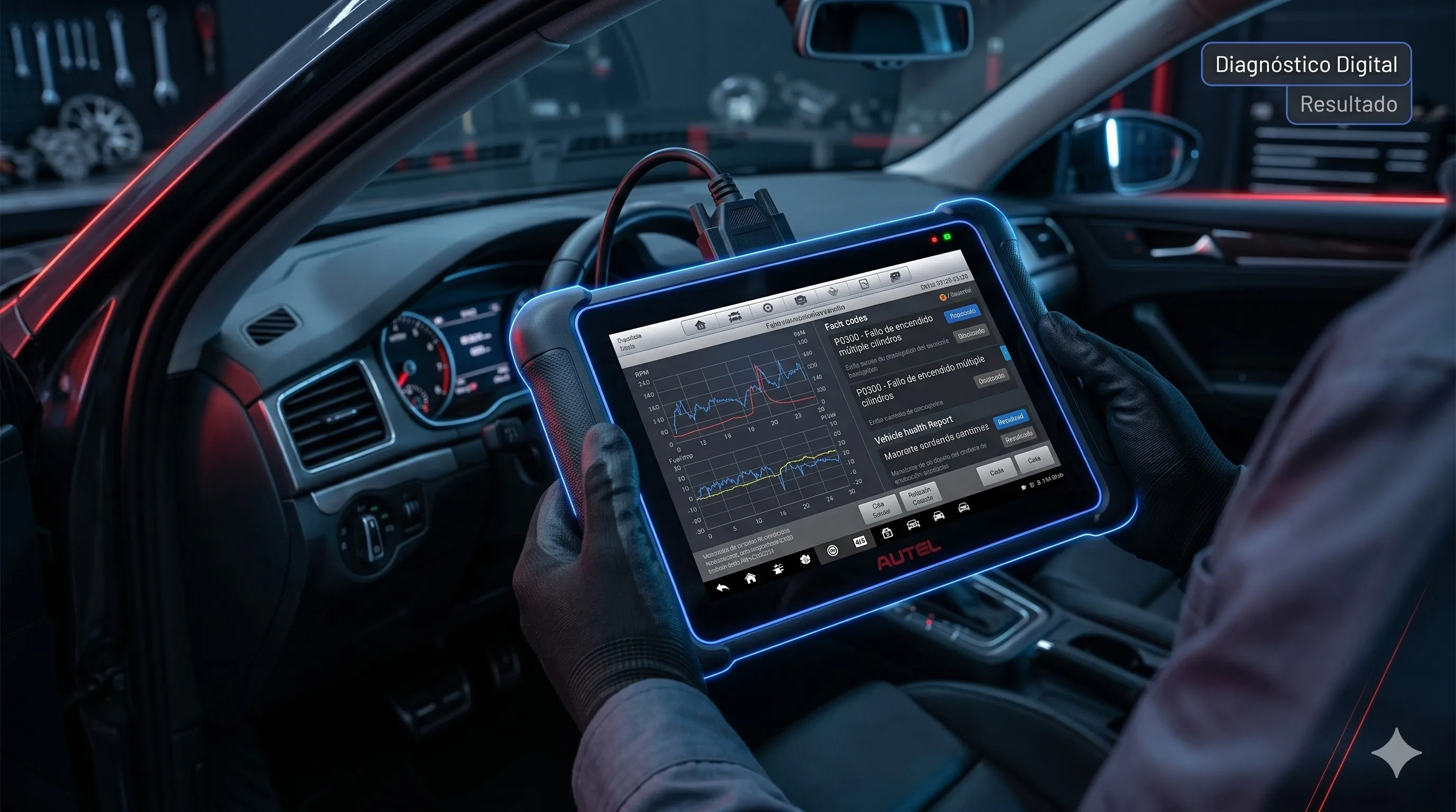 Técnico conectando escáner automotriz profesional al puerto OBD2 del vehículo