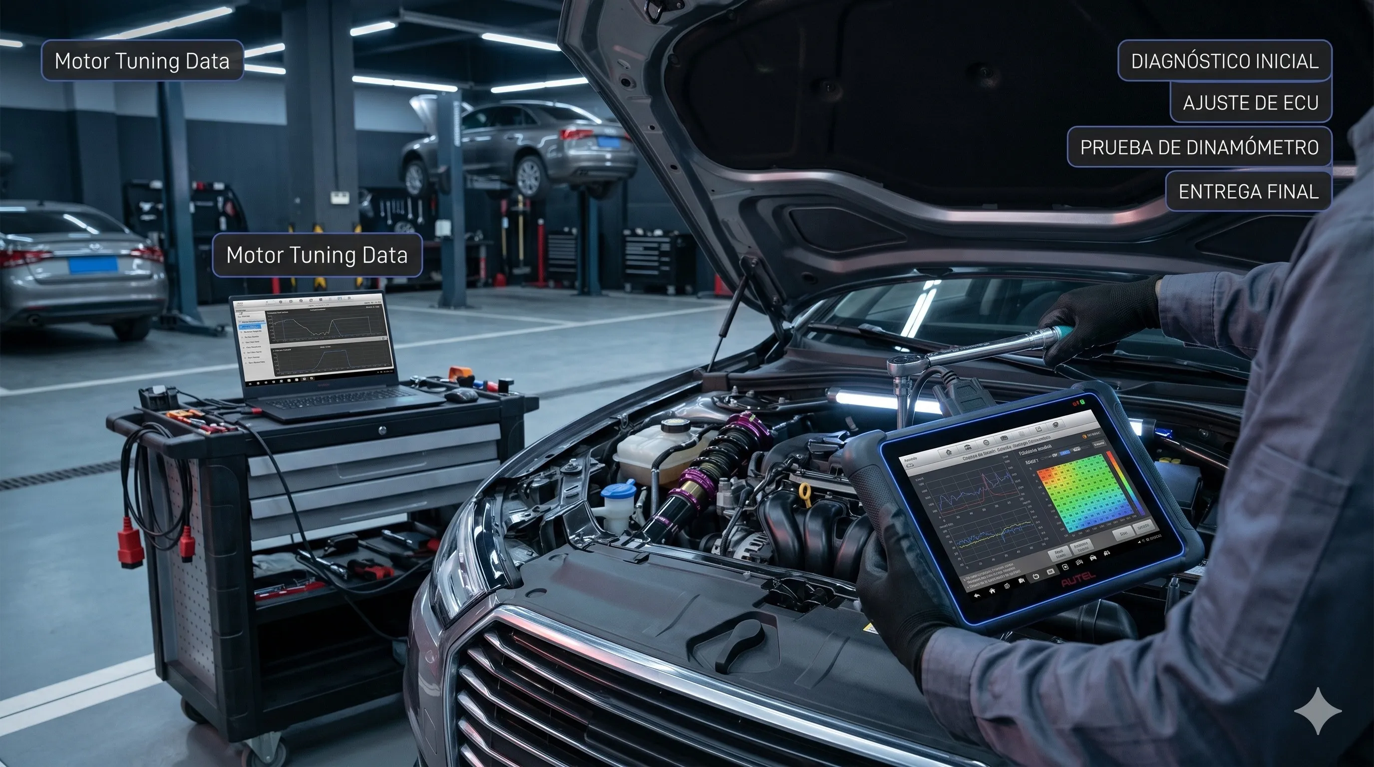 Mecánico realizando ajustes de precisión en motor de alto rendimiento